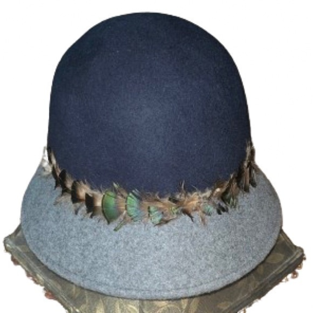 Grace navy blue and gray wool cloche hat with plume feathers